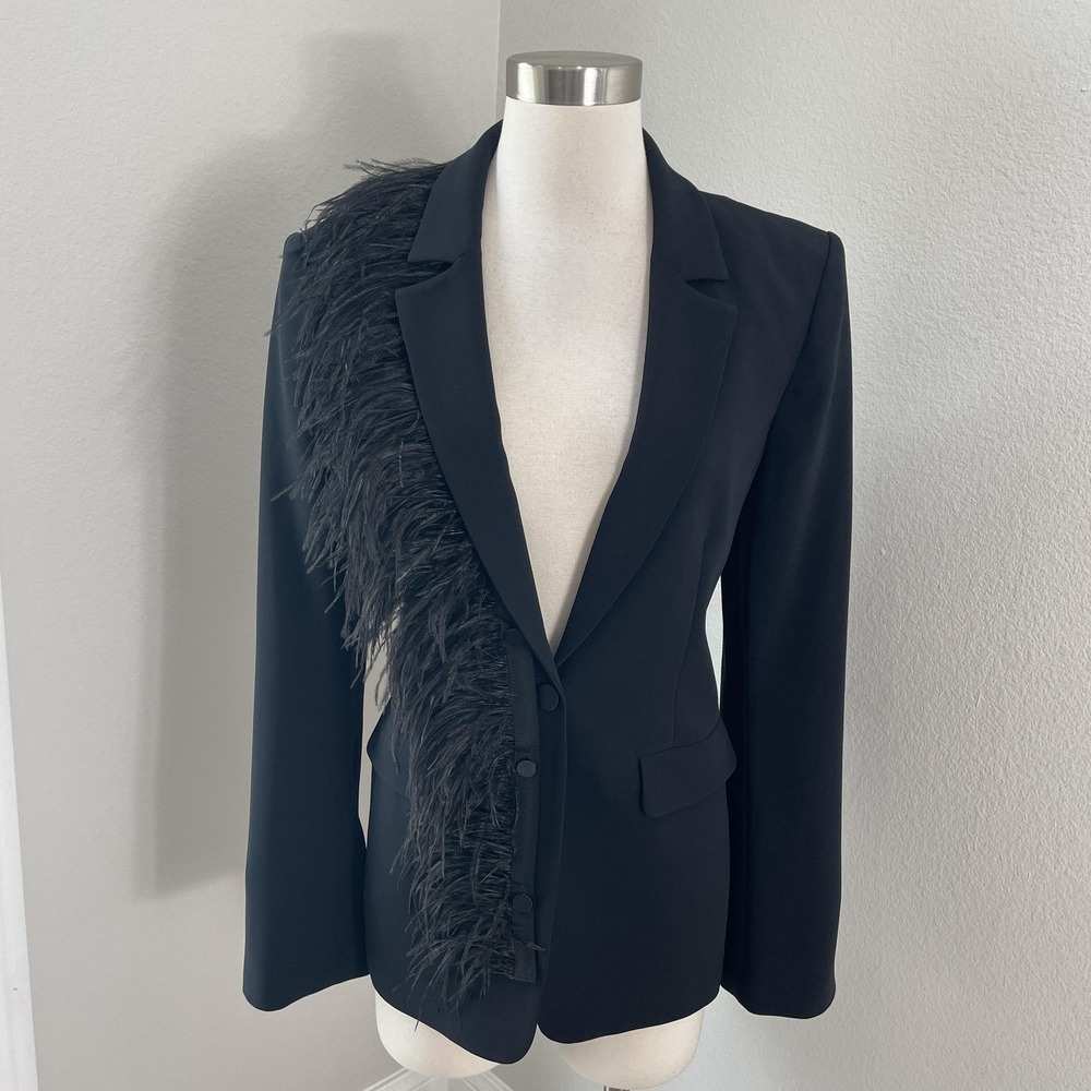 Cinq A Sept Blazer Womens 8 Black Khloe Ostrich Feather Trim Tuxedo Jacket